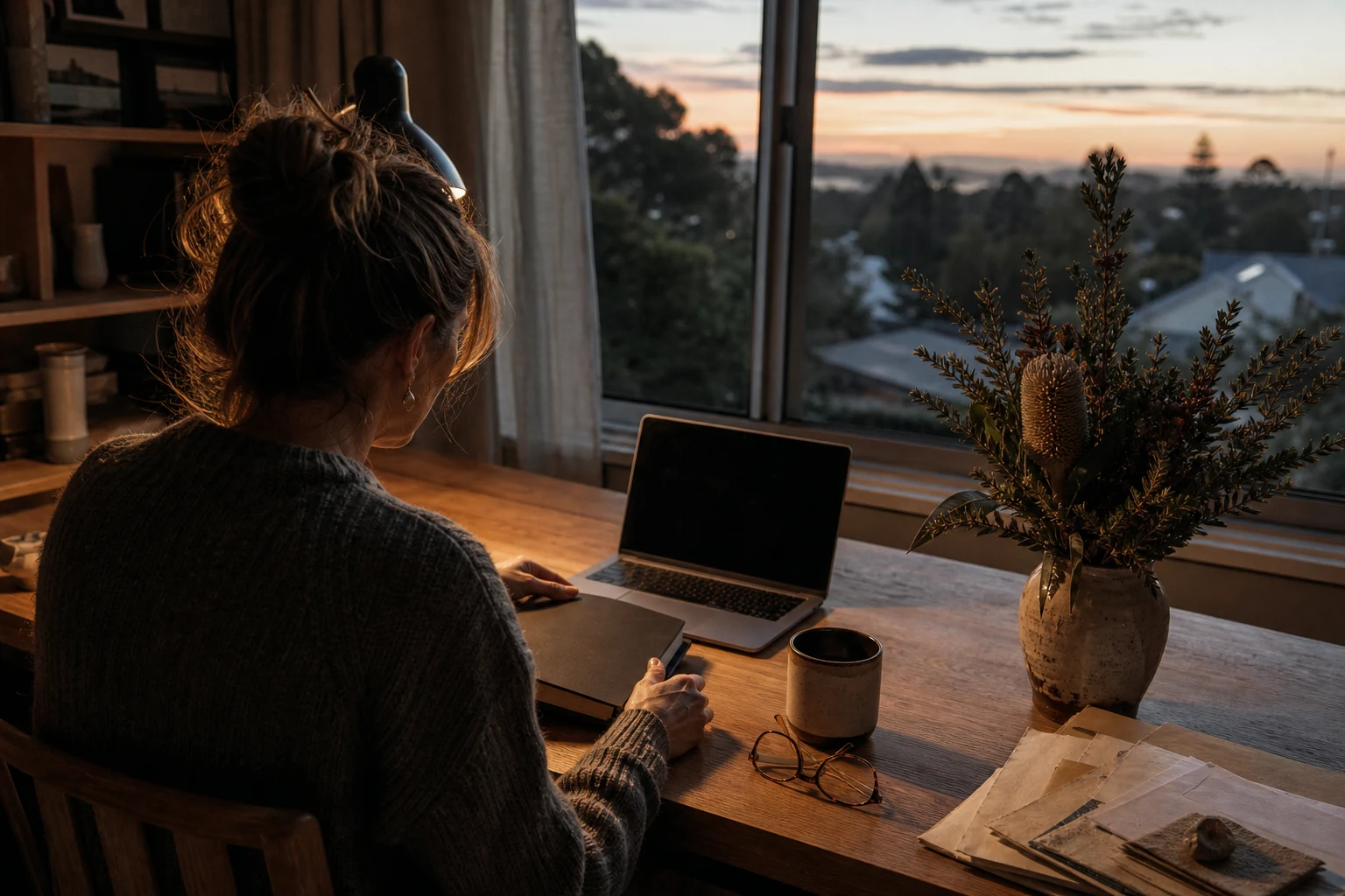 A founder wrapping up their work at a home-studio desk at dusk.