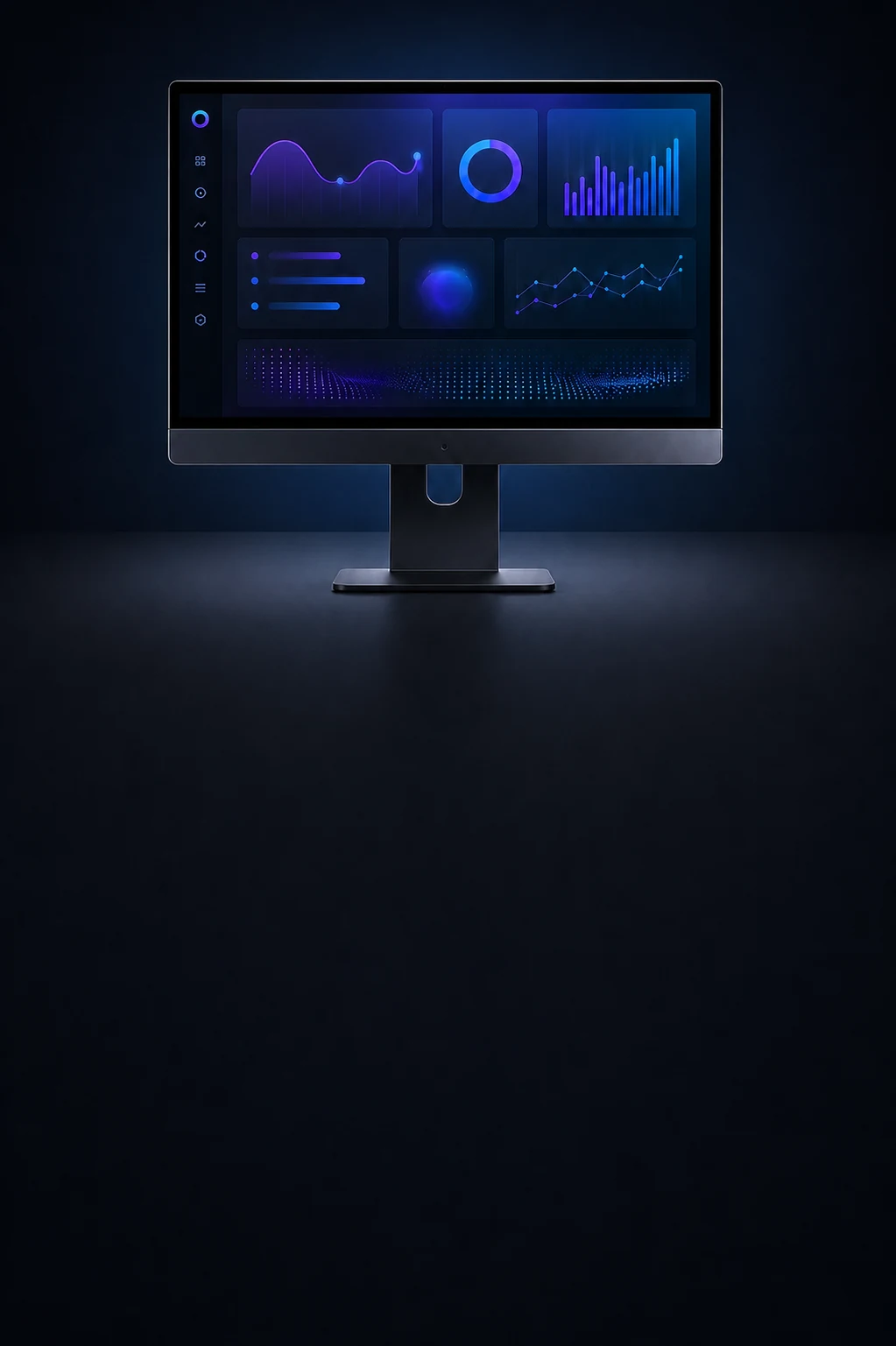 Front-facing all-in-one desktop displaying a blue analytics dashboard.