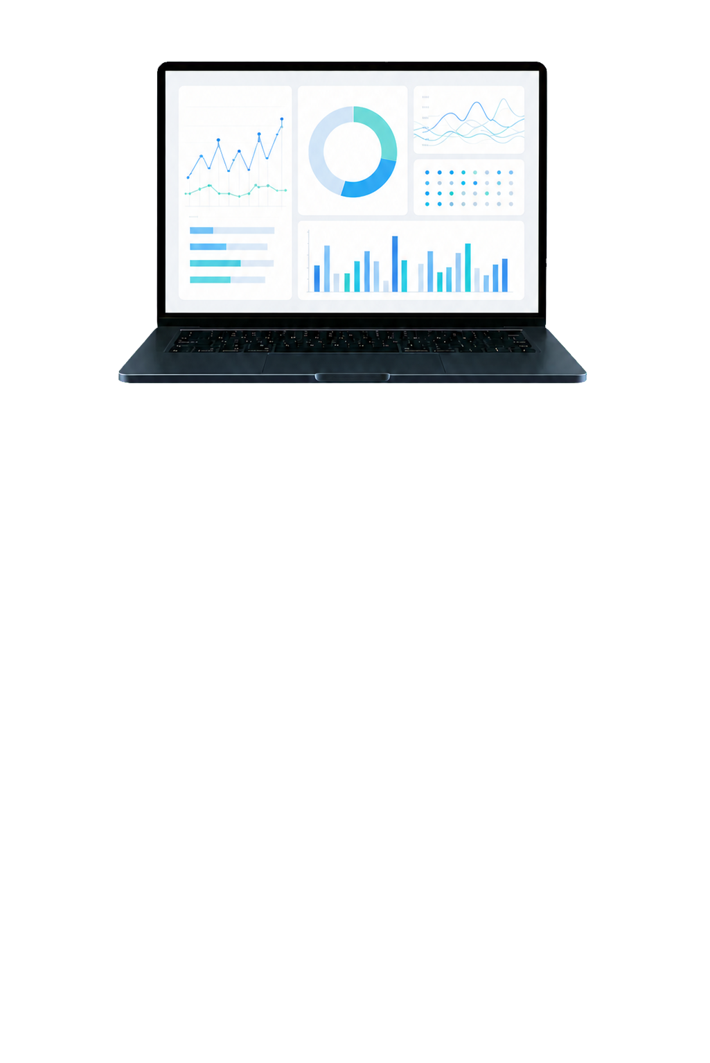 Front-facing laptop displaying a customer and performance dashboard.