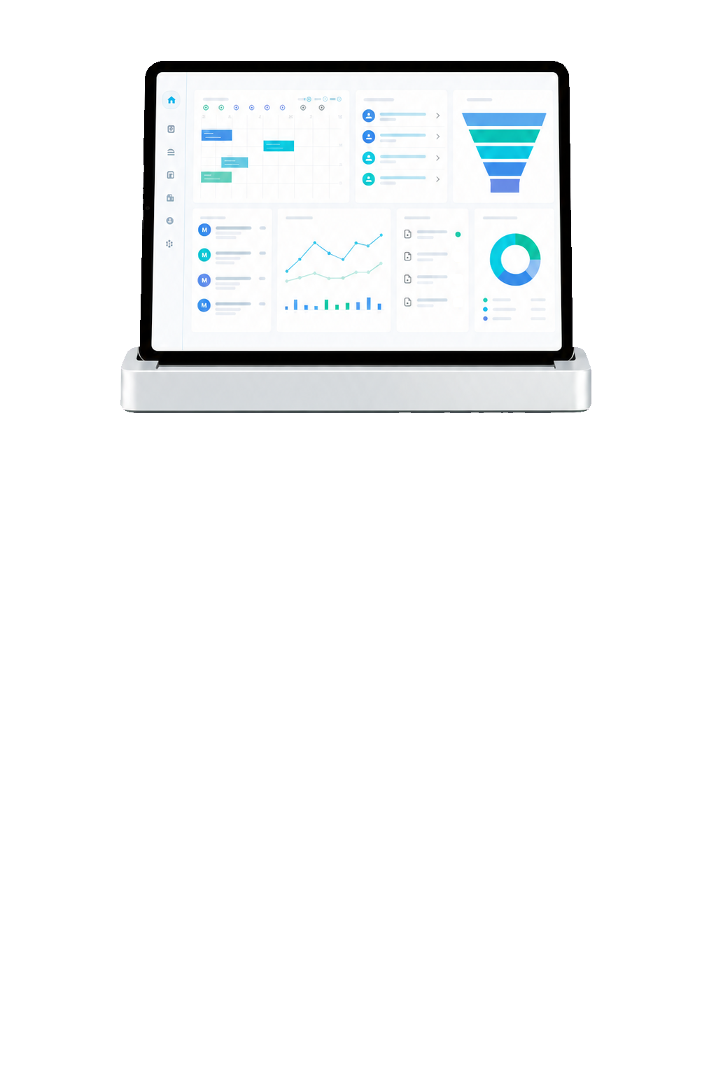 Front-facing business tablet in a desktop dock displaying an operations dashboard.