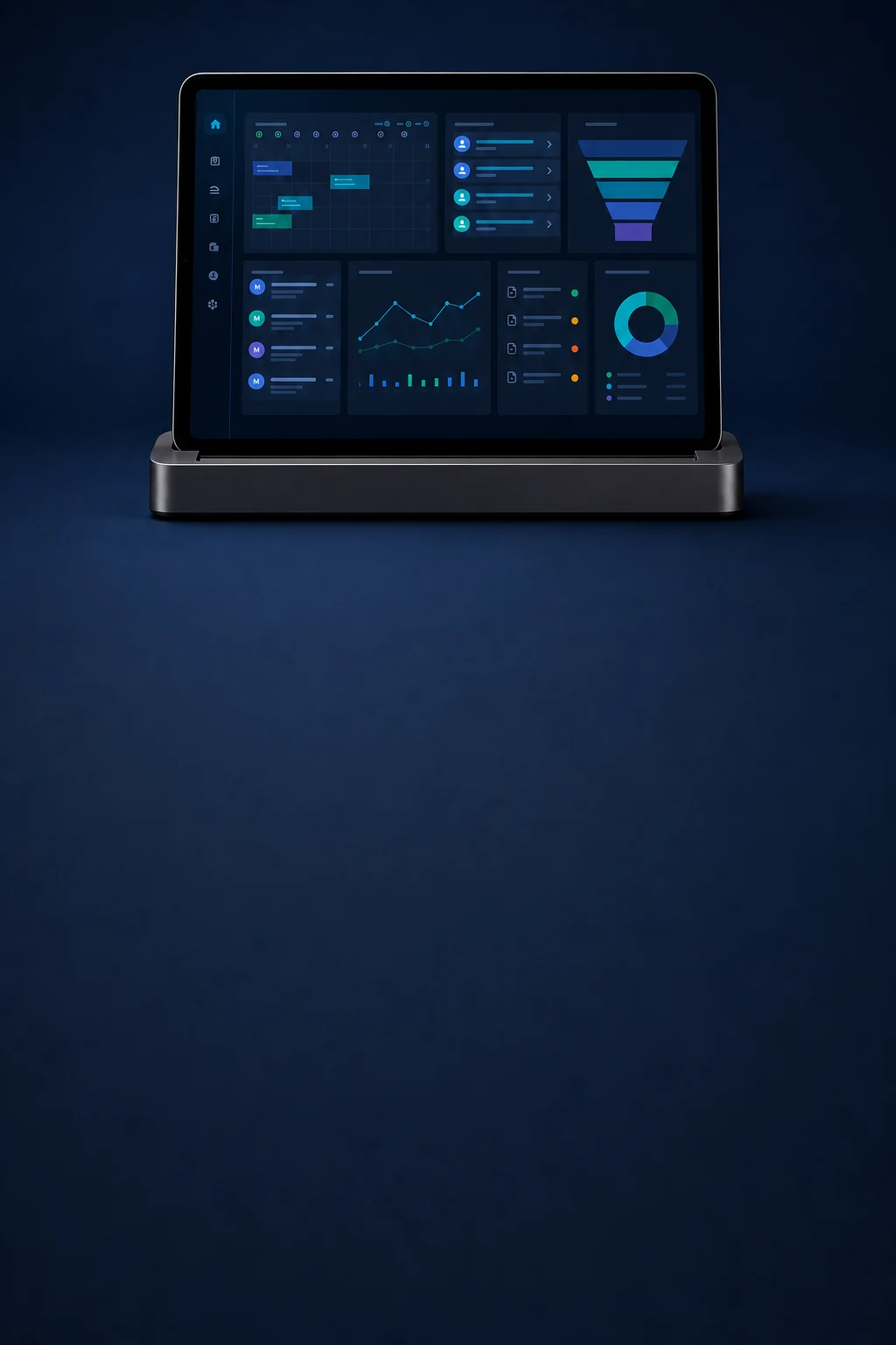 Front-facing business tablet displaying a workflow ownership dashboard.