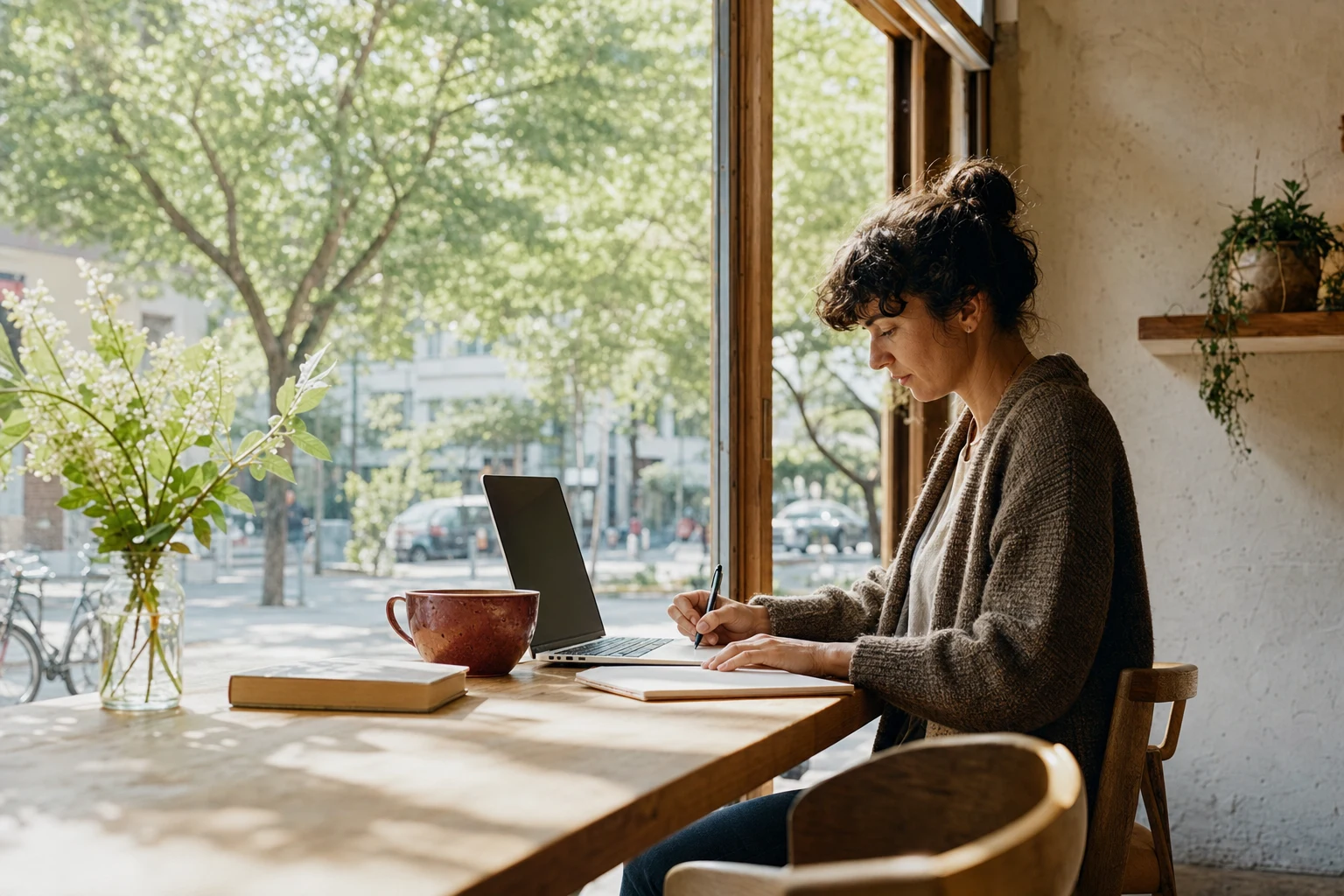 A small-business owner working near a sunny cafe window.